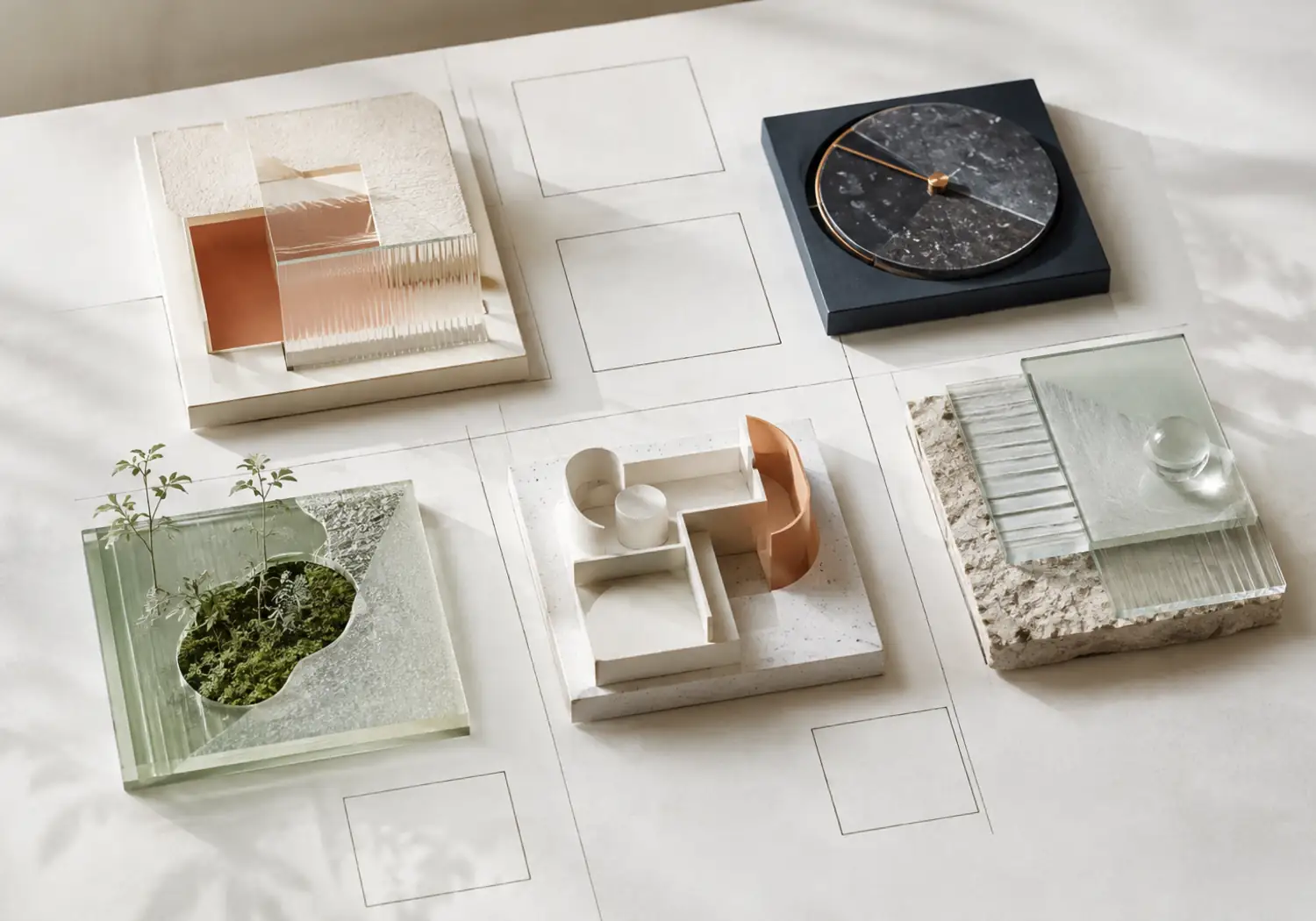 Cinco módulos de vidrio, piedra, vegetación y maqueta espacial representan prioridades de vivienda